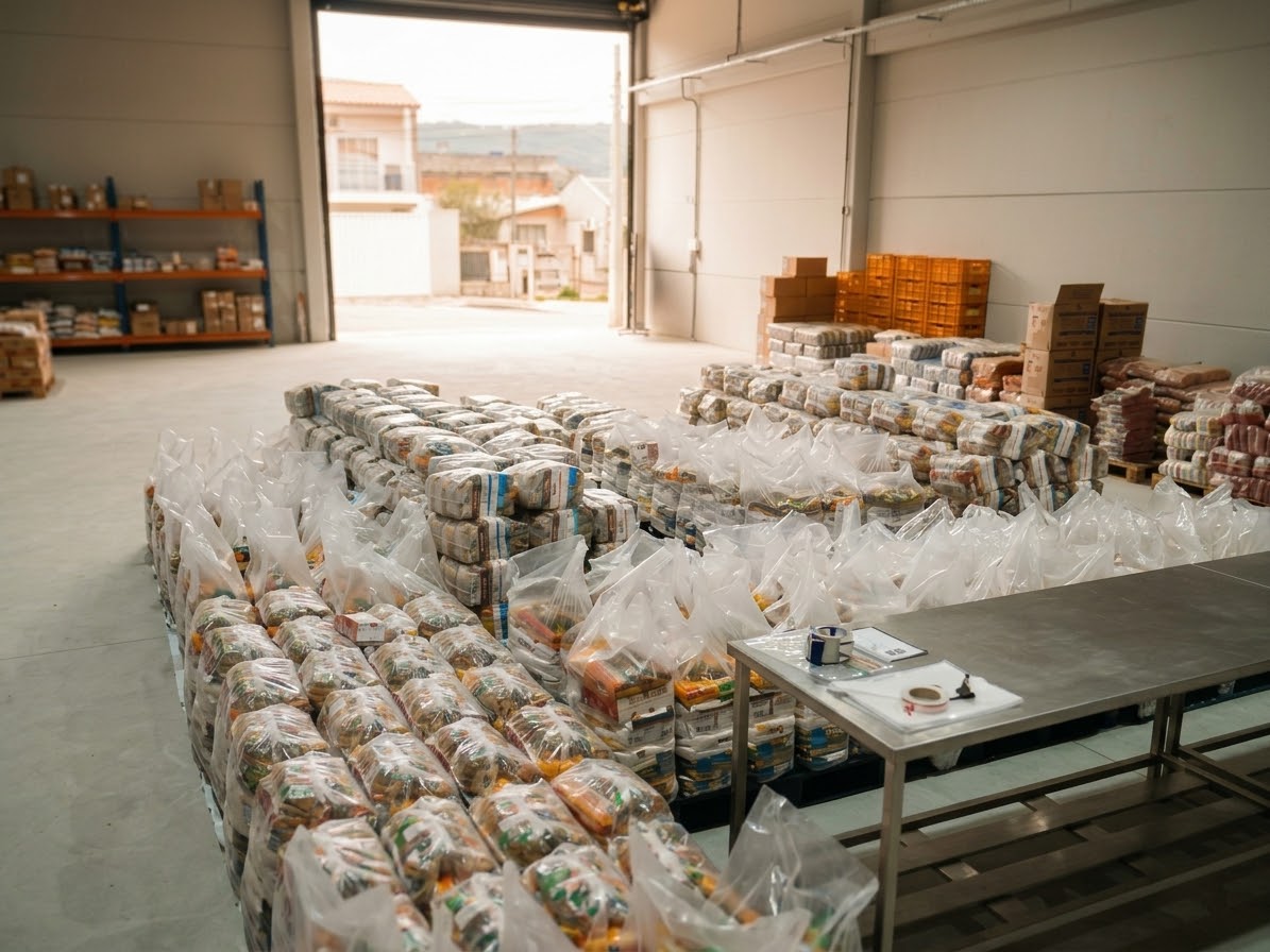 Cestas básicas prontas no depósito da Distribuidora PIÁ